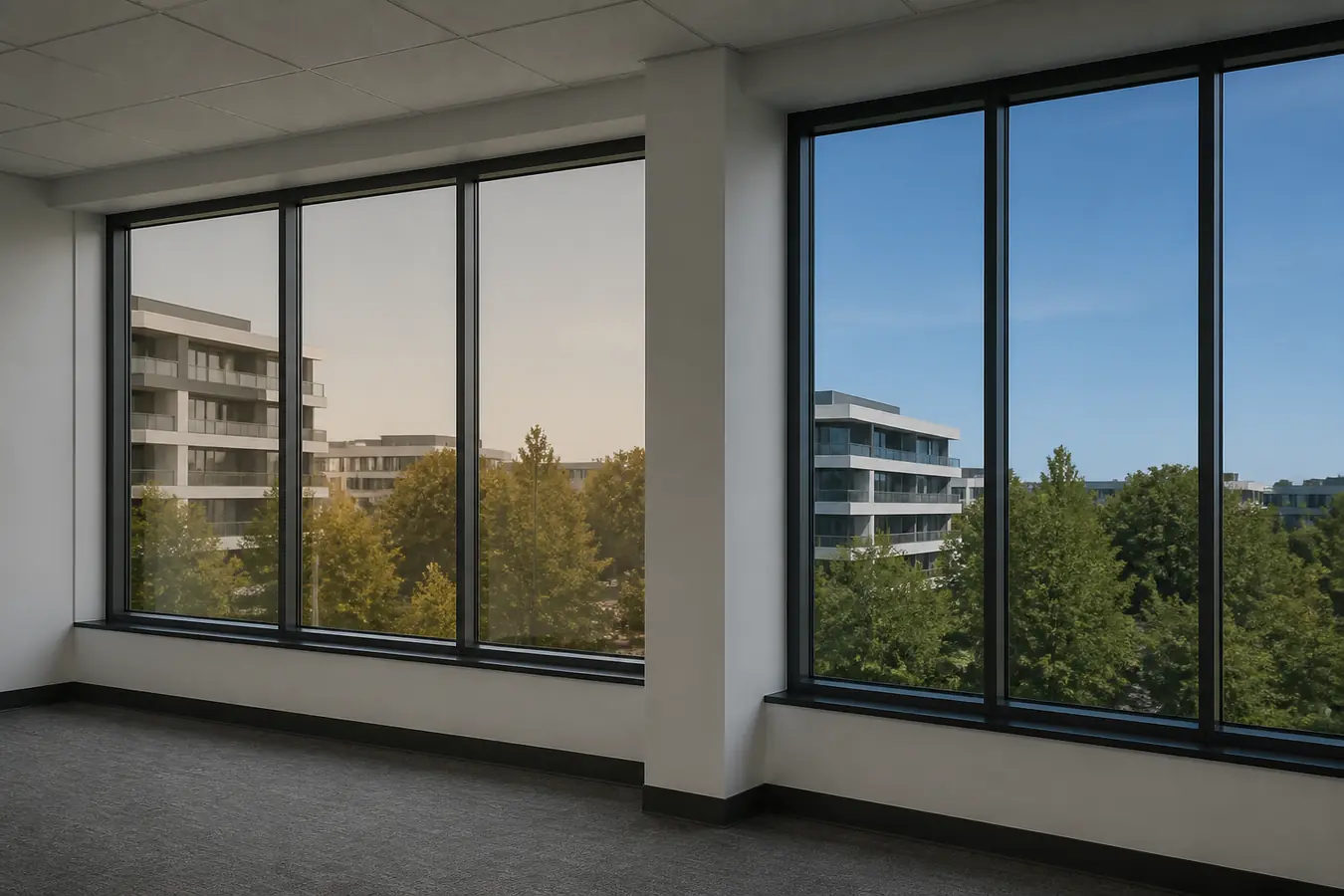 Baies de bureaux : film solaire récemment posé à côté d'un vitrage plus ancien