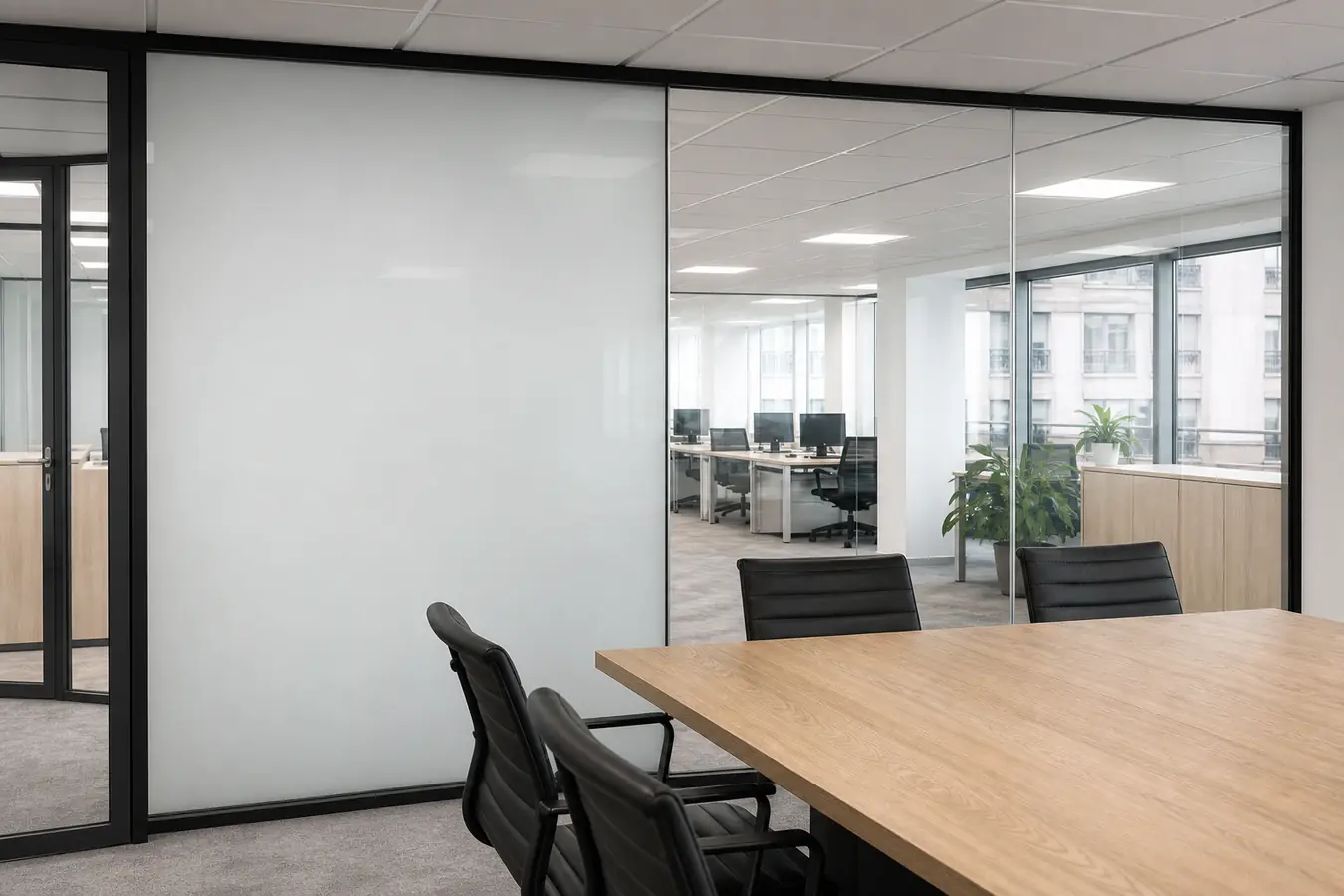 Salle de réunion vitrée en Ile-de-France, film intelligent PDLC opaque sur une paroi