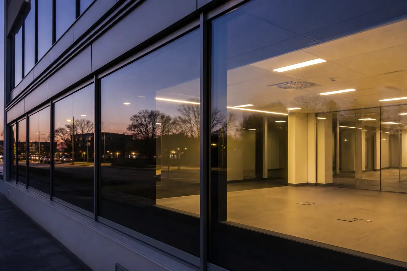 Façade de bureaux avec film miroir à la tombée du jour, lumières intérieures allumées