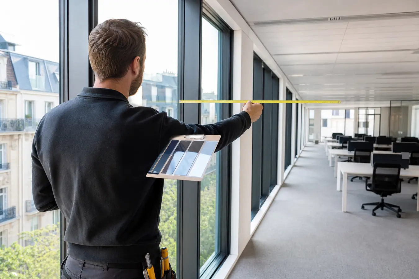 Métré de baies de bureaux avant pose de film solaire en Ile-de-France