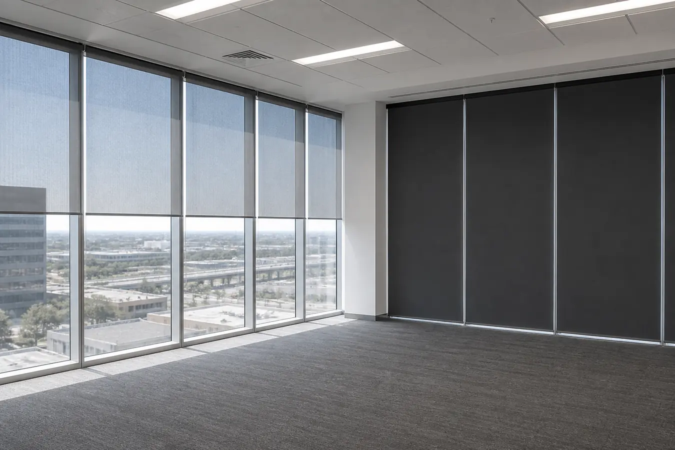Enrouleurs de bureaux : toile screen à gauche, toile occultante à droite
