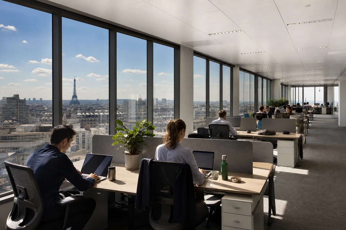 Open space de bureaux avec baies vitrées en Île-de-France - OZC Agencement